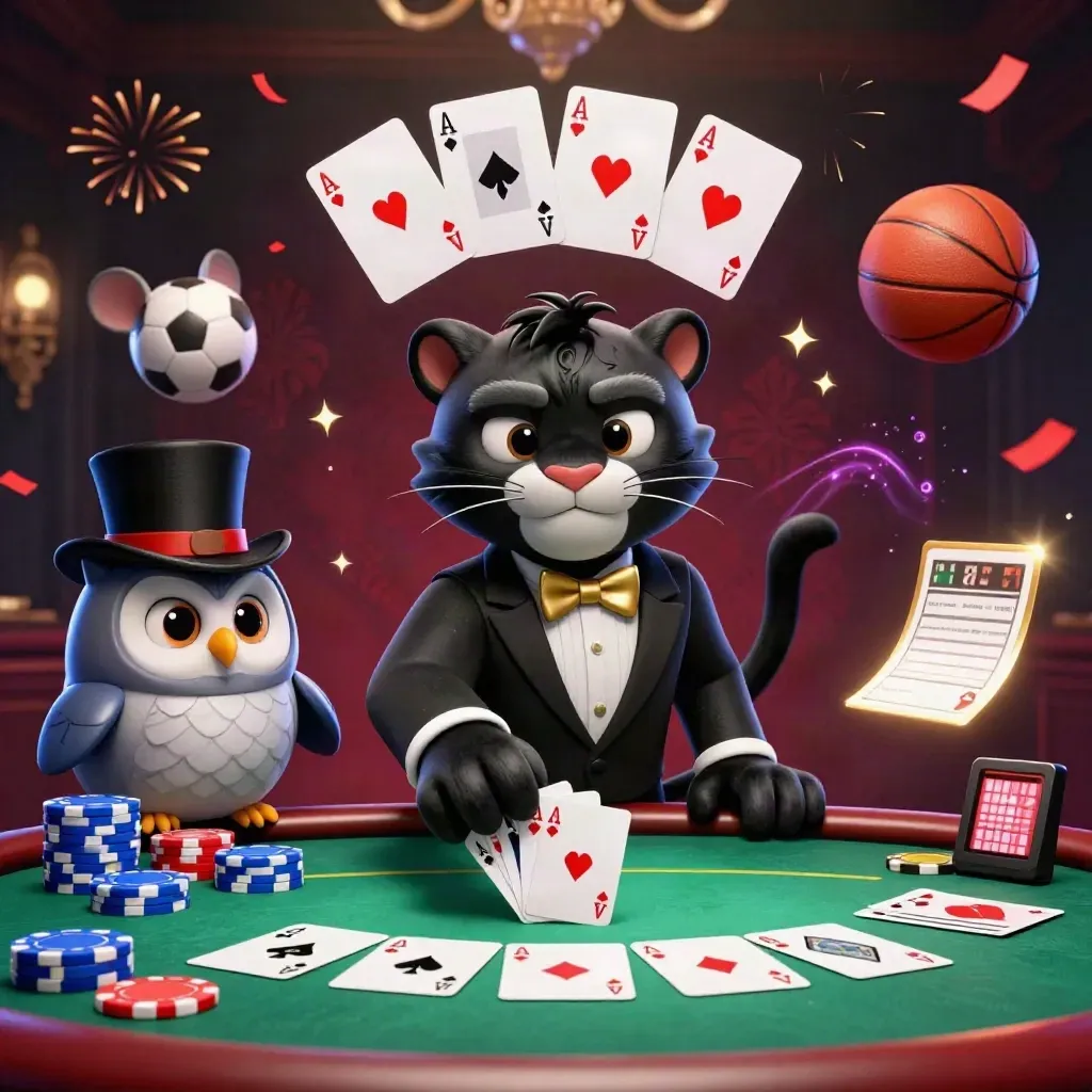 Panther, owl and mouse at a poker table with chips, cards, sports balls and glowing casino effects.