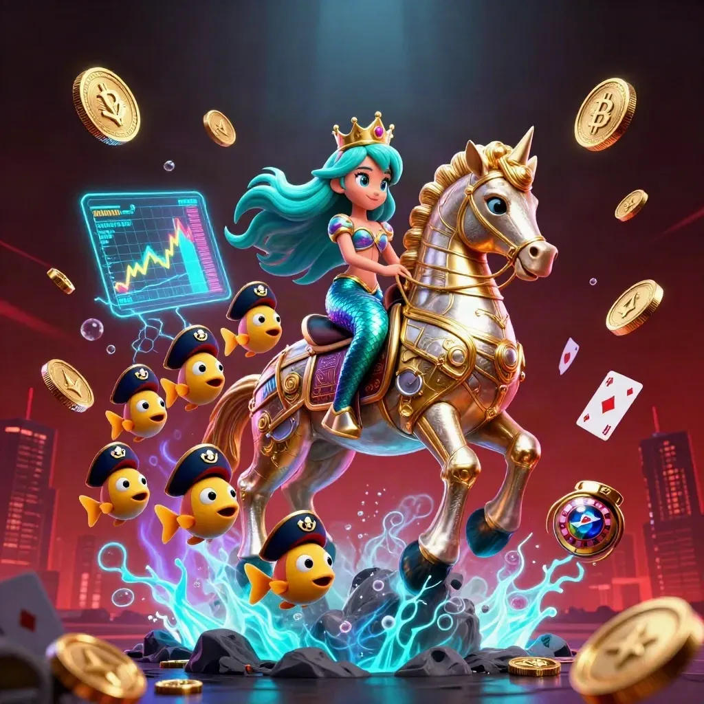 Turquoise-haired mermaid princess rides a gold seahorse amid neon casino treasure and blue lightning.