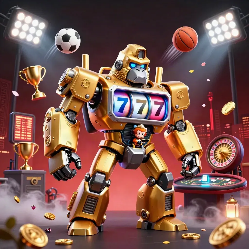 Golden gorilla mech and monkey pilot amid casino lights, coins, trophy, balls, red-black skyline
