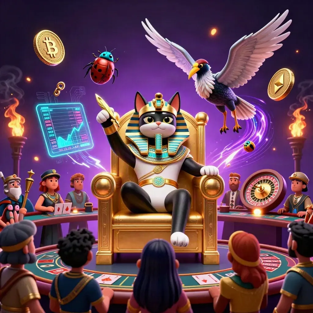 Pharaoh cat and ibis scribe amid glowing crypto casino magic, coins, lightning, and luxe purple smoke
