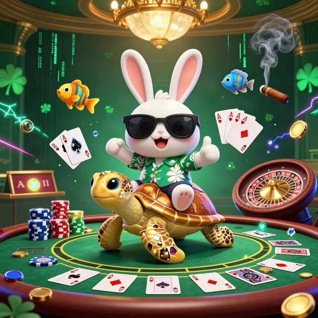 Lucky rabbit rides jeweled turtle through a glowing casino of chips, cards, and emerald light.