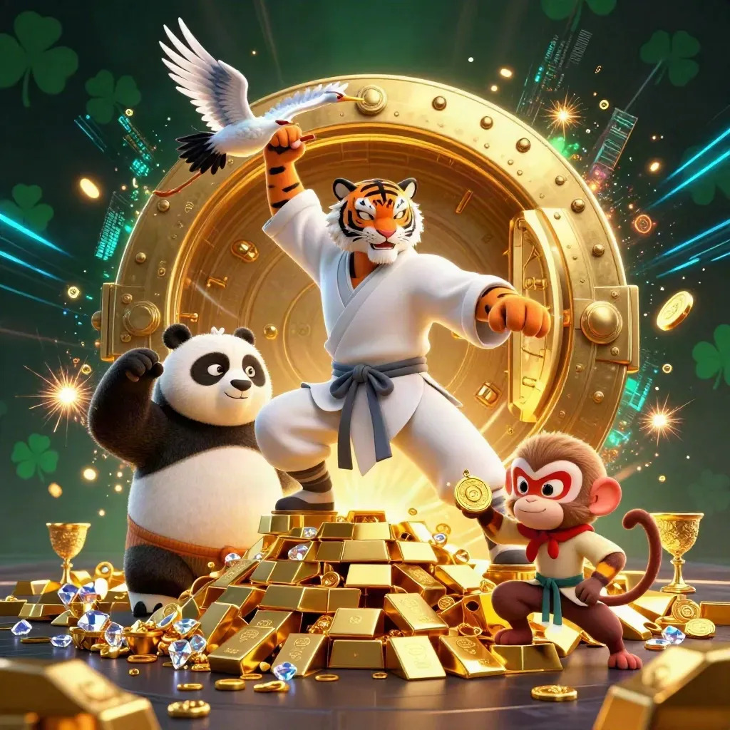 Kung-fu tiger, panda disciple, and monkey thief burst from a gold vault in electric blue light