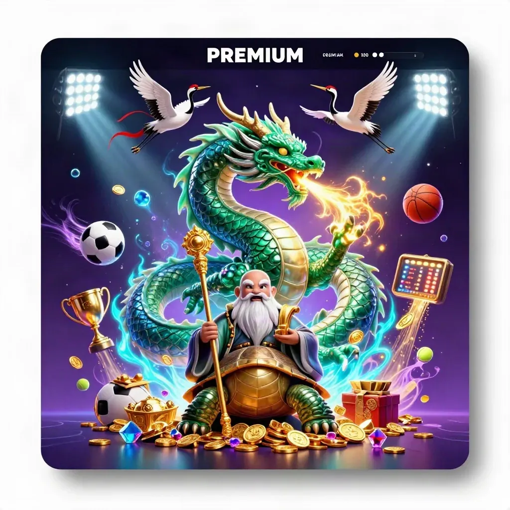 Jade dragon, turtle sage, and cranes amid coins, sports balls, blue fire, and glowing cosmic light.