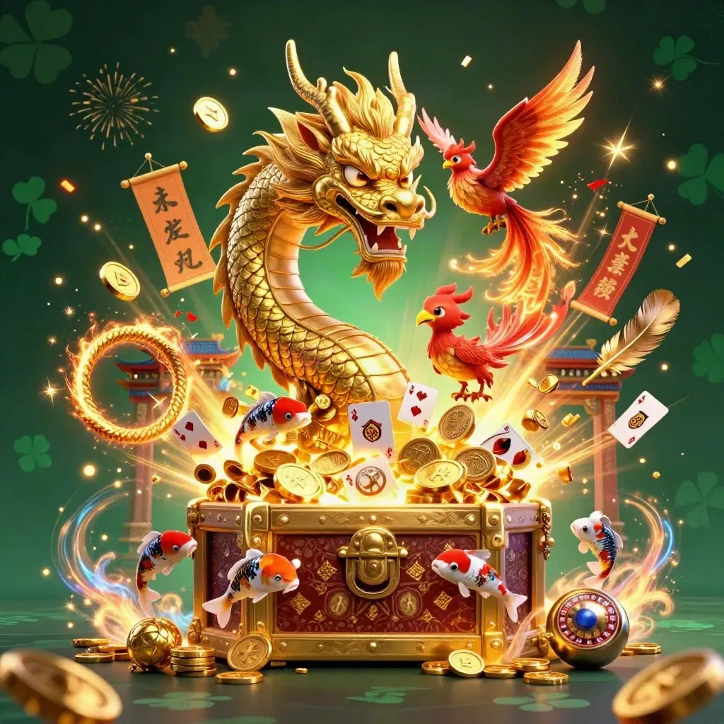 Golden dragon, phoenix, and koi amid casino treasure bursts, fireworks, and coin cascades