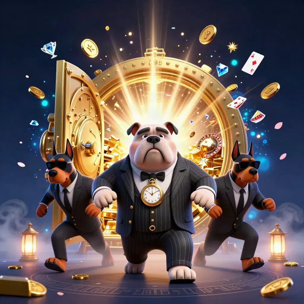 Bulldog mob boss and two Dobermans amid a vault blast of gold, gems, blue light, and fireworks.