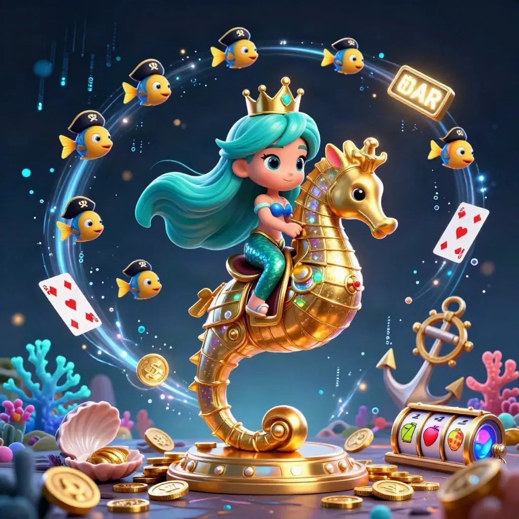 Mermaid princess on armored seahorse with pirate fish amid glowing casino treasure and blue effects.