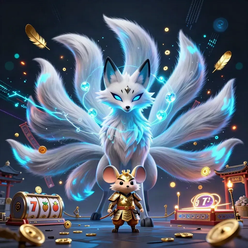 Nine-tailed fox spirit and samurai mouse amid neon casino magic and temple ruins