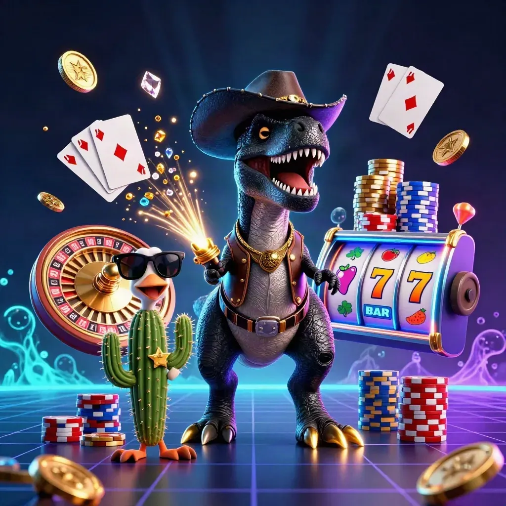 Cowboy T-Rex, cactus and roadrunner amid glowing casino chips, coins and reels